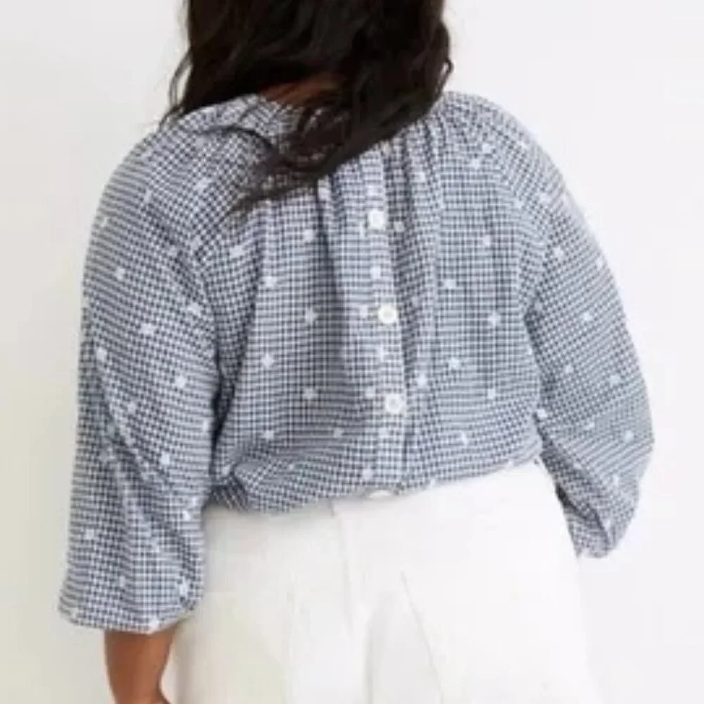 Madewell Button Back Blouse Shirt Top 2X Gingham Check Embroidered Long Sleeves